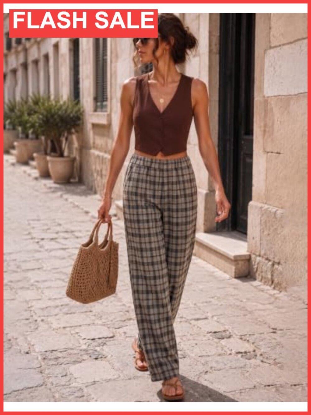 Plaid Wide Leg Pants High Elastic Waist Pull On Work Trousers - Picture 3 of 6